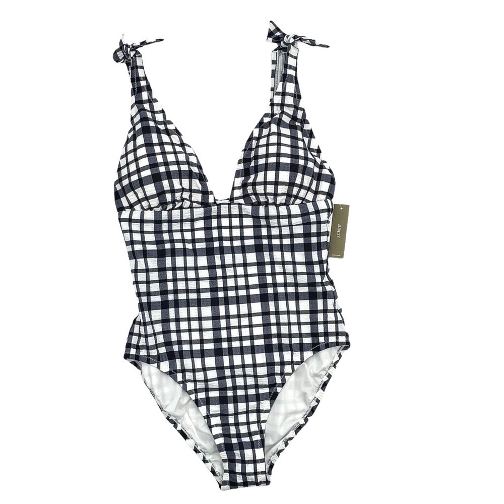 NEW J. Crew Tie-shoulder One-piece Swimsuit Navy White Marine Plaid Seersucker 6 - Picture 3 of 14